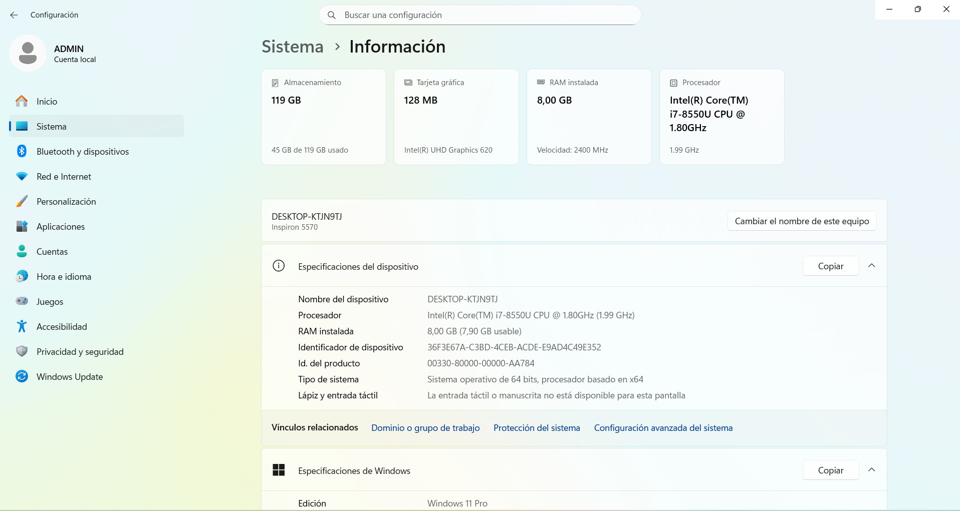 Portátil Dell Inspiron 5570 | Intel Core i7 8550U, | 8 núcleos | 8GB RAM |128GB SSD |15.6" (7182) - Imagen 11