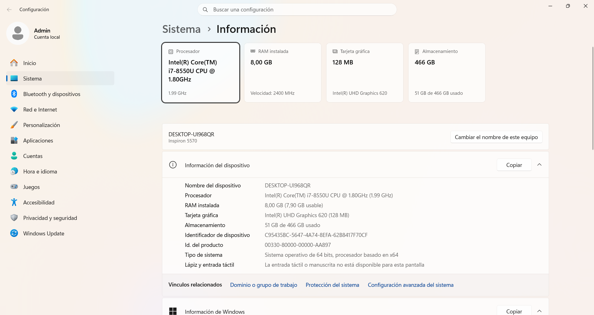 Portátil Dell Inspiron 5570 | Intel Core i7 8550U, | 8 núcleos | 8GB RAM |500GB SSD |15.6" (7182) - Imagen 9