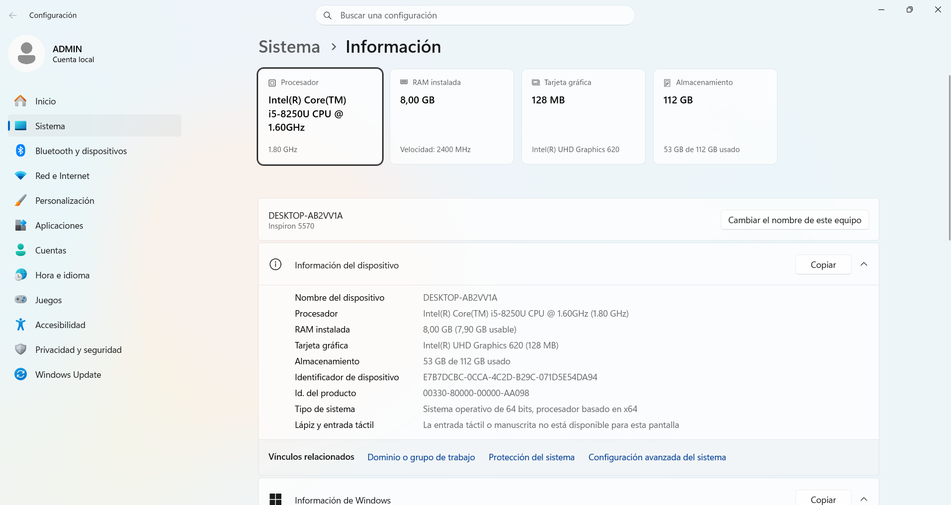 Portátil Dell Inspiron 5570 | Intel Core i5 8ª Gen | 8GB RAM | SSD 112GB (7284) - Imagen 12