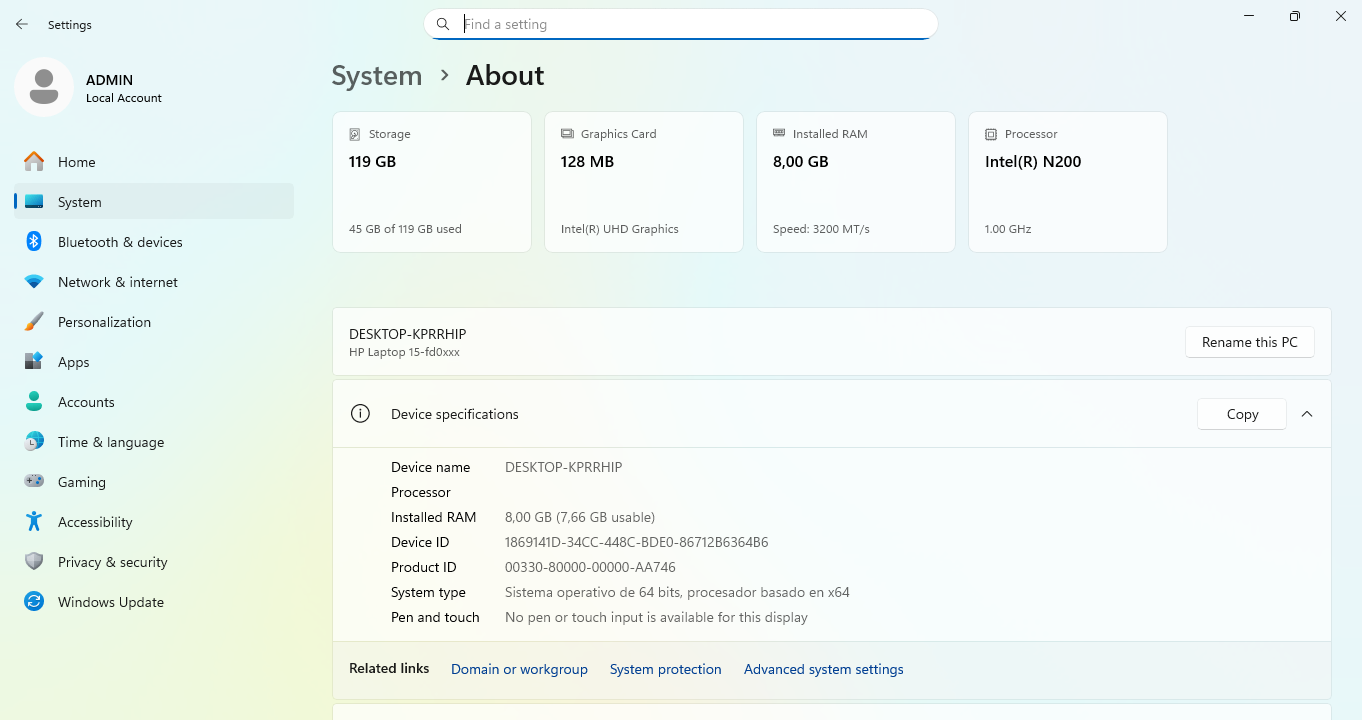 Portátil HP 15-fd0xxx 15 | Intel N200 | 8GB RAM | 128GB SSD (7296) - Imagen 10