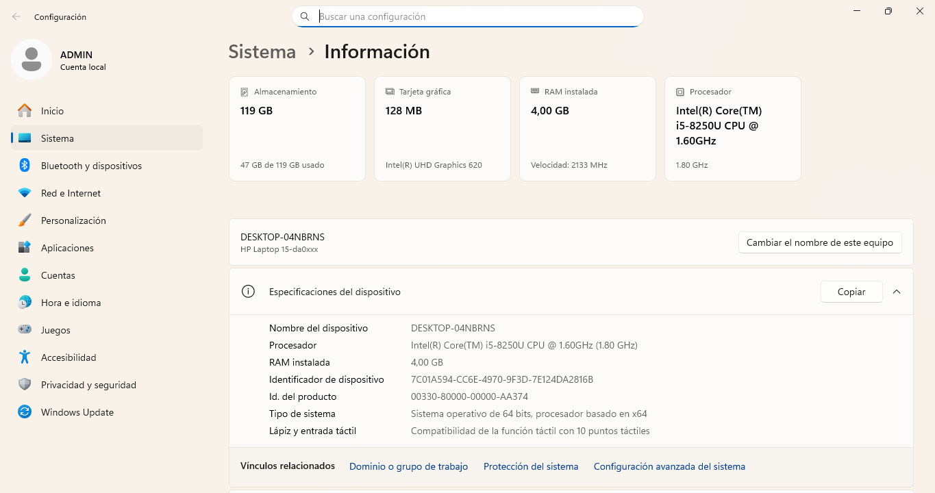 Portátil HP Laptop 15-da0xxx | Intel Core i5 8ª Gen | 4GB RAM | 119GB SSD (7281) - Imagen 11